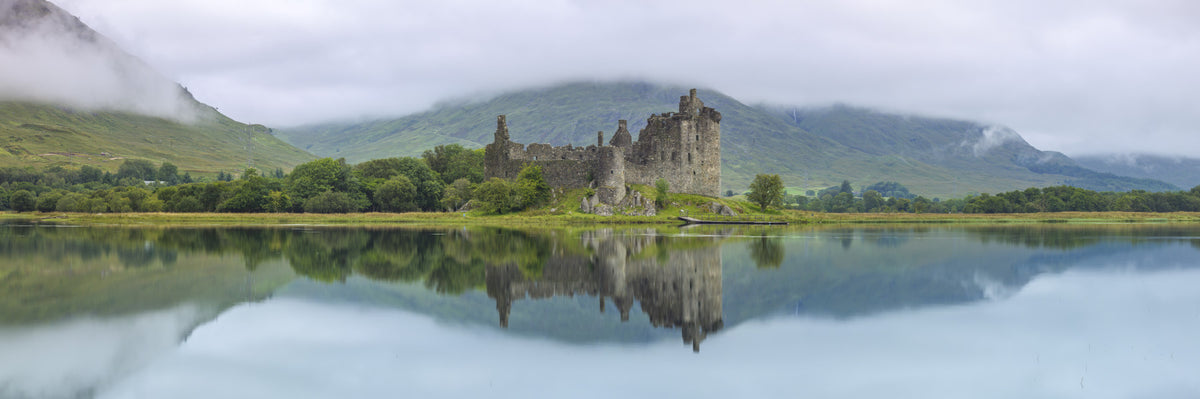 Misty Lochside Fortress Ruins Wall Mural in your room