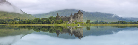 Misty Lochside Fortress Ruins Wall Mural
