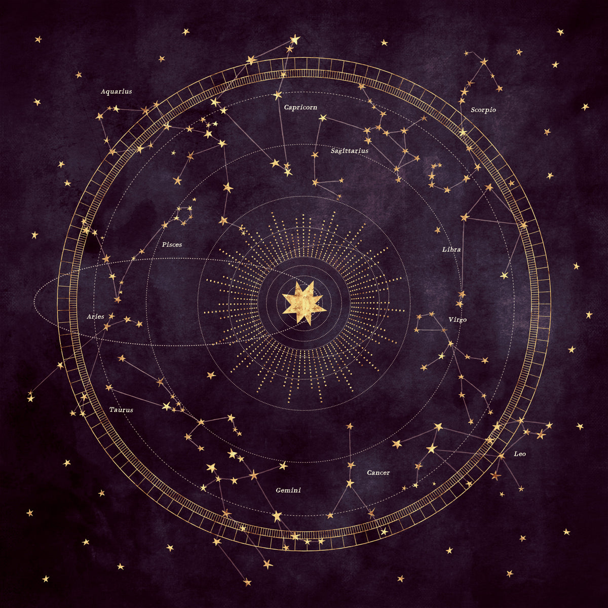 Celestial Zodiac Gold Map Wall Mural in your room — zoomed