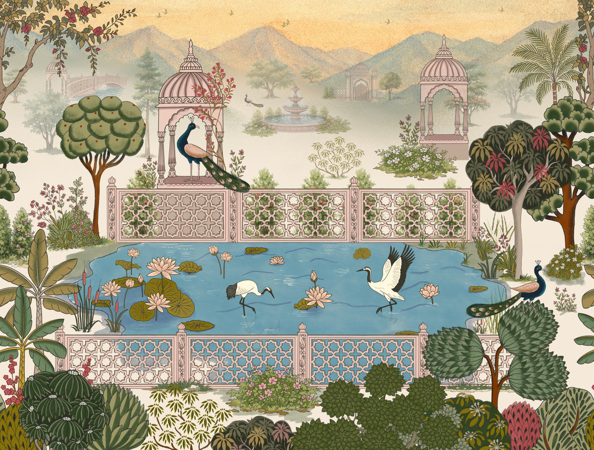 Serene Lotus Pond and Pavilion Vista Wall Mural in your room — zoomed