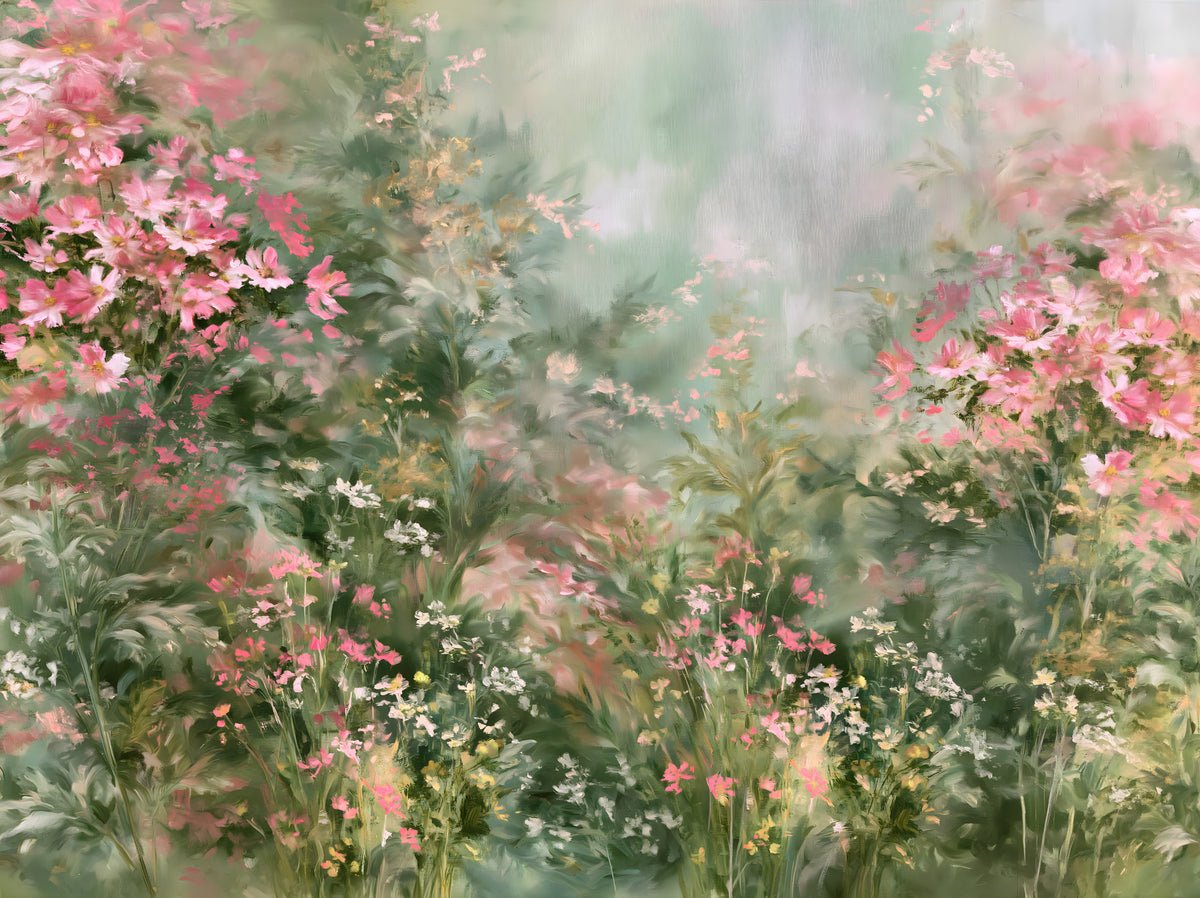 Impressionist Pink Blossom Meadow Wall Mural in your room — zoomed