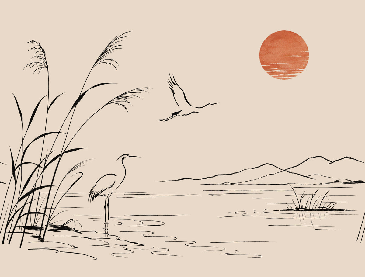 Minimalist Ink Wash Heron Landscape Wall Mural in your room