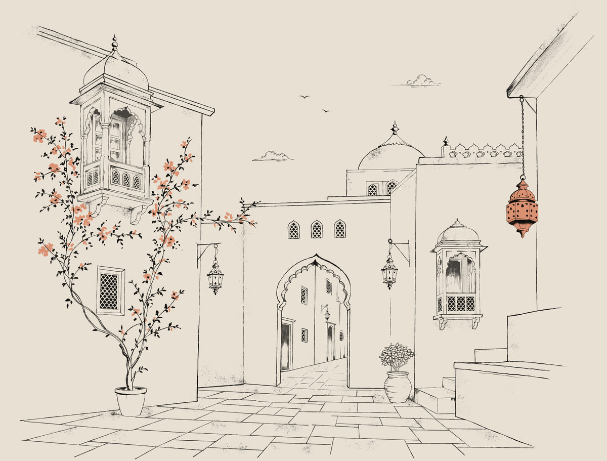 Serene Architectural Courtyard Sketch Wall Mural in your room