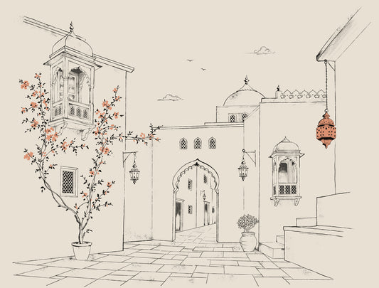 Serene Architectural Courtyard Sketch Wall Mural