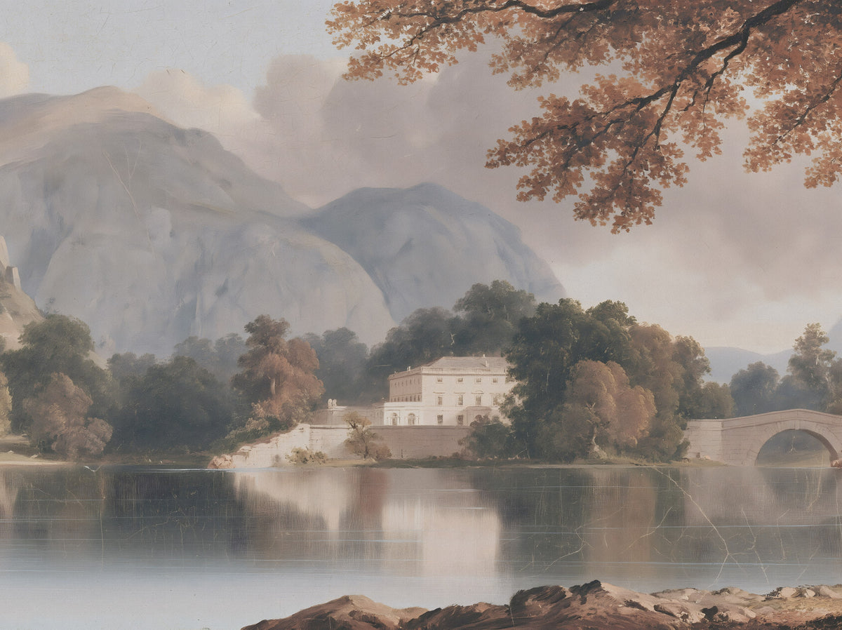 Serene Mountain Lake Estate Landscape Wall Mural in your room
