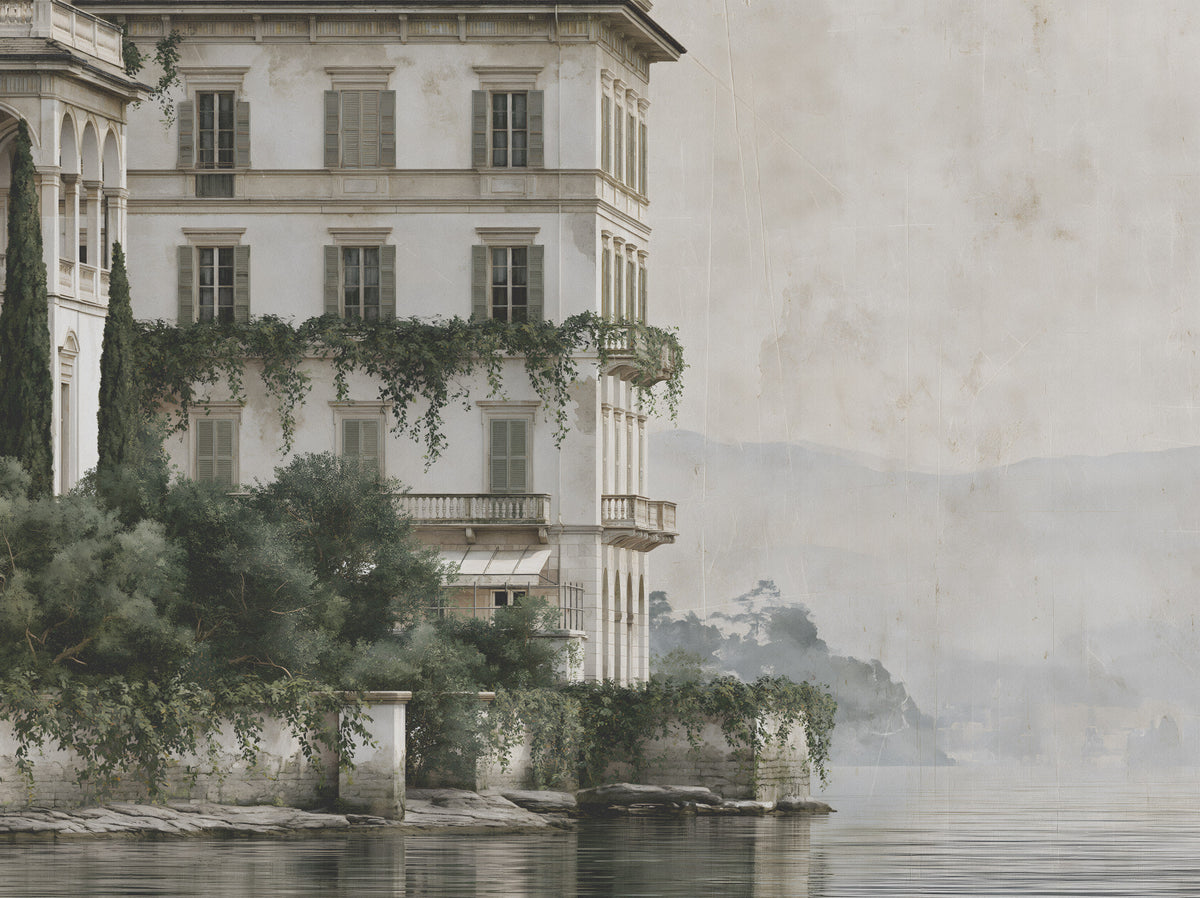 Misty Lakefront Manor Sketch Wall Mural in your room