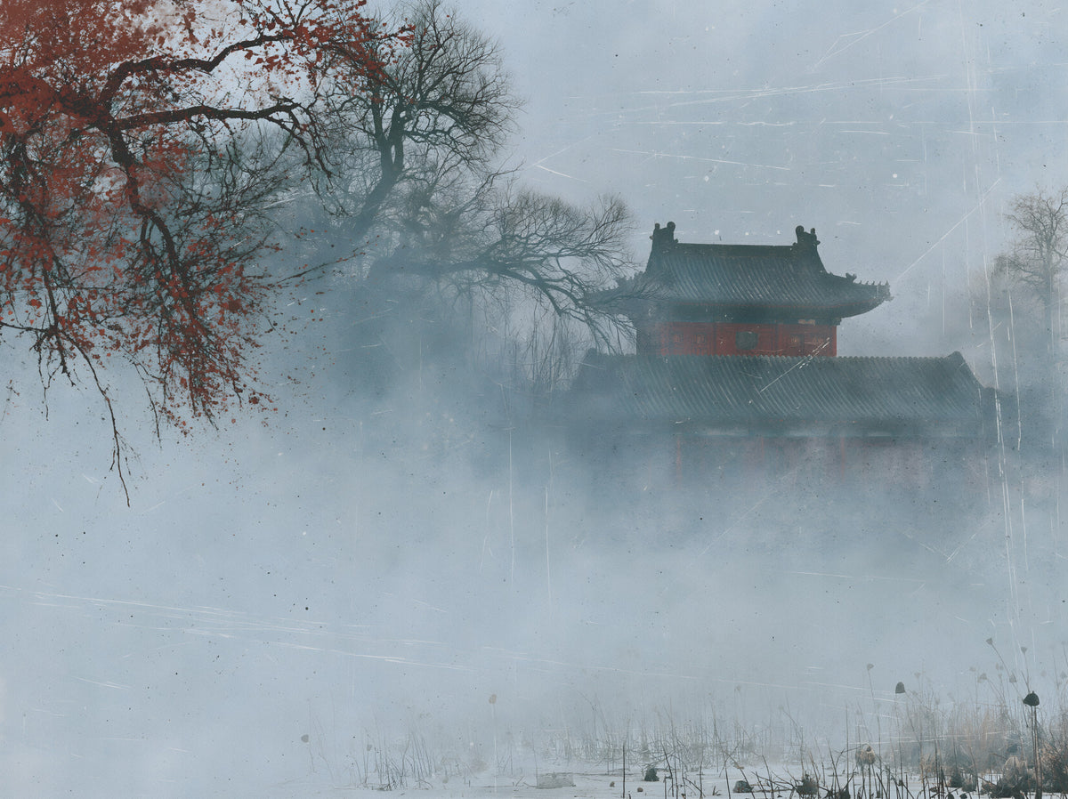 Crimson Pagoda in Winter Fog Wall Mural in your room