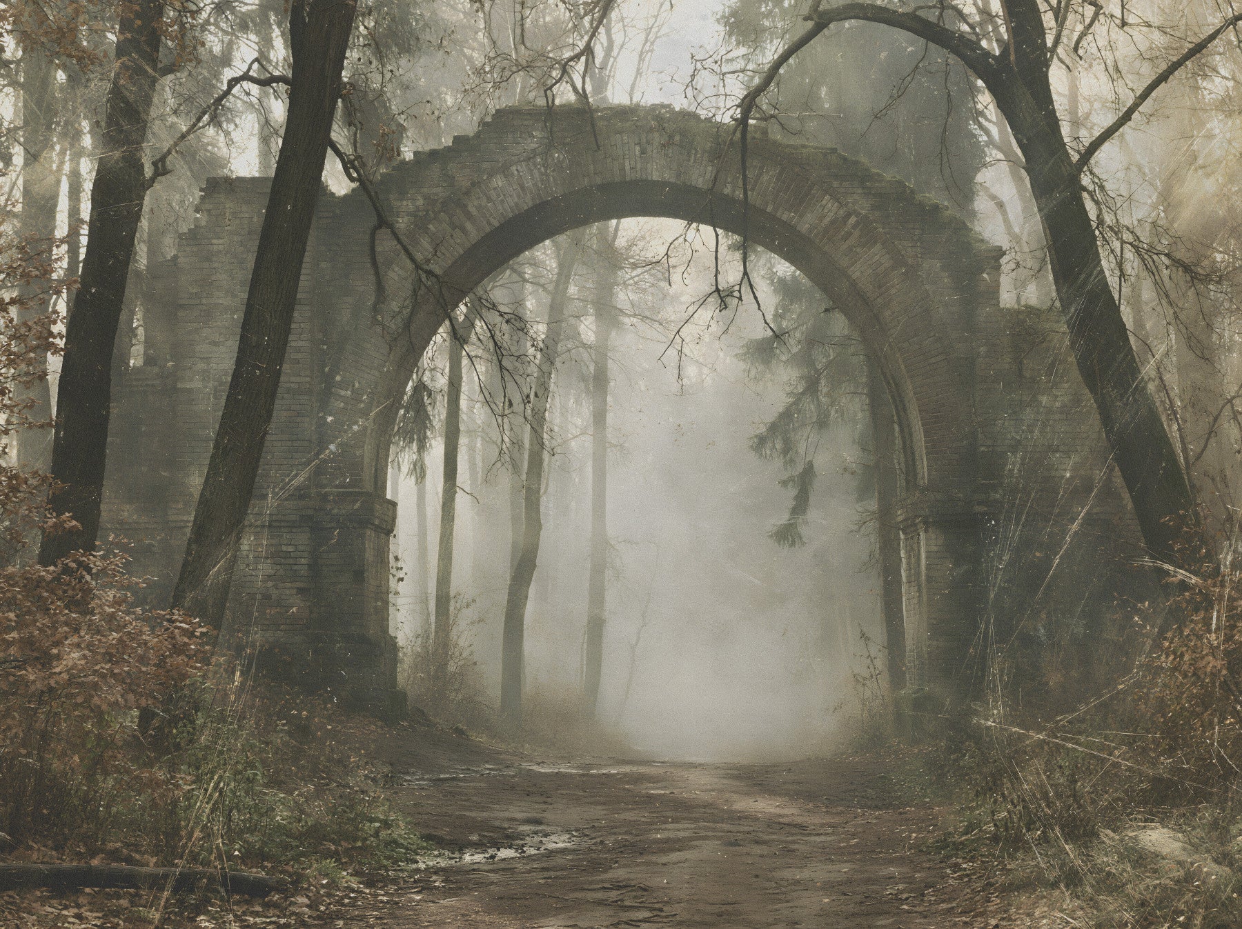 Misty Ancient Forest Stone Archway Wall Mural