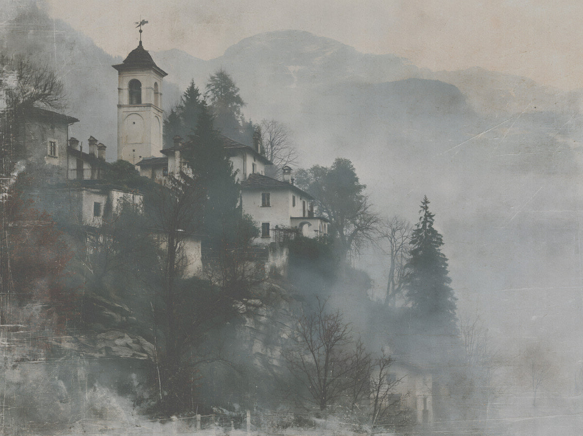 Vintage Foggy Hillside Retreat Wall Mural in your room