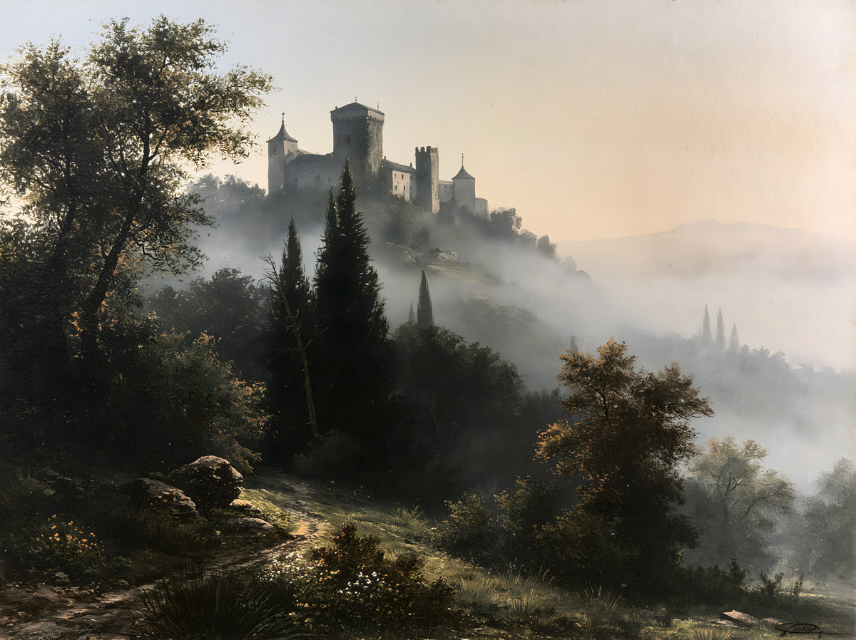 Forgotten Fortress in Morning Mist Wall Mural in your room