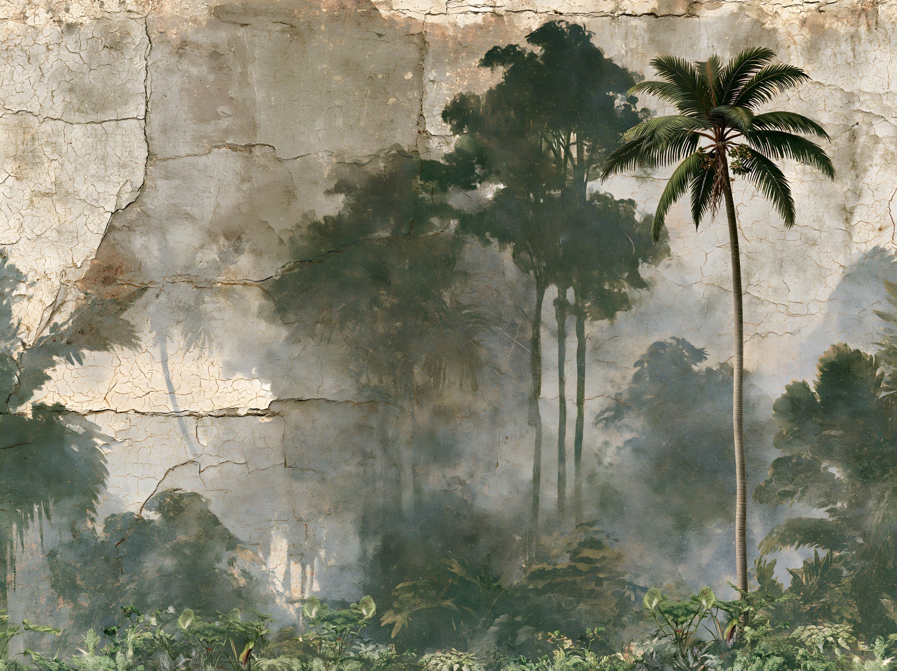 Misty Palm Forest Plaster Effect Wall Mural