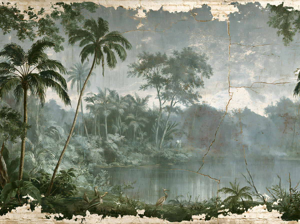 Aged Botanical Riverside Scene Wall Mural in your room