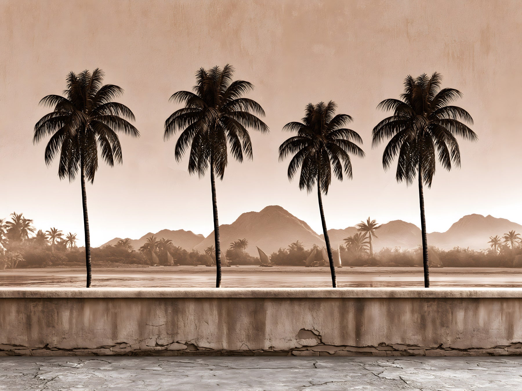 Sepia Palm Shoreline Landscape Wall Mural