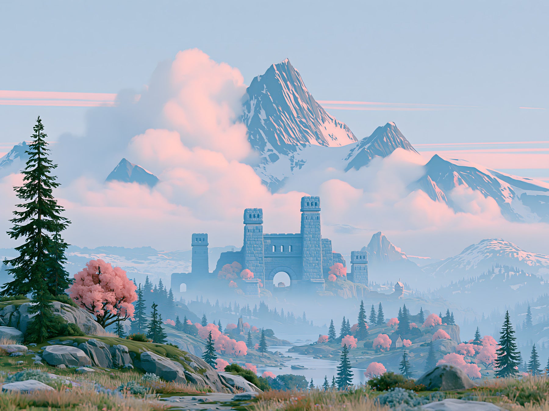 Enchanted Highland Fortress Landscape Wall Mural