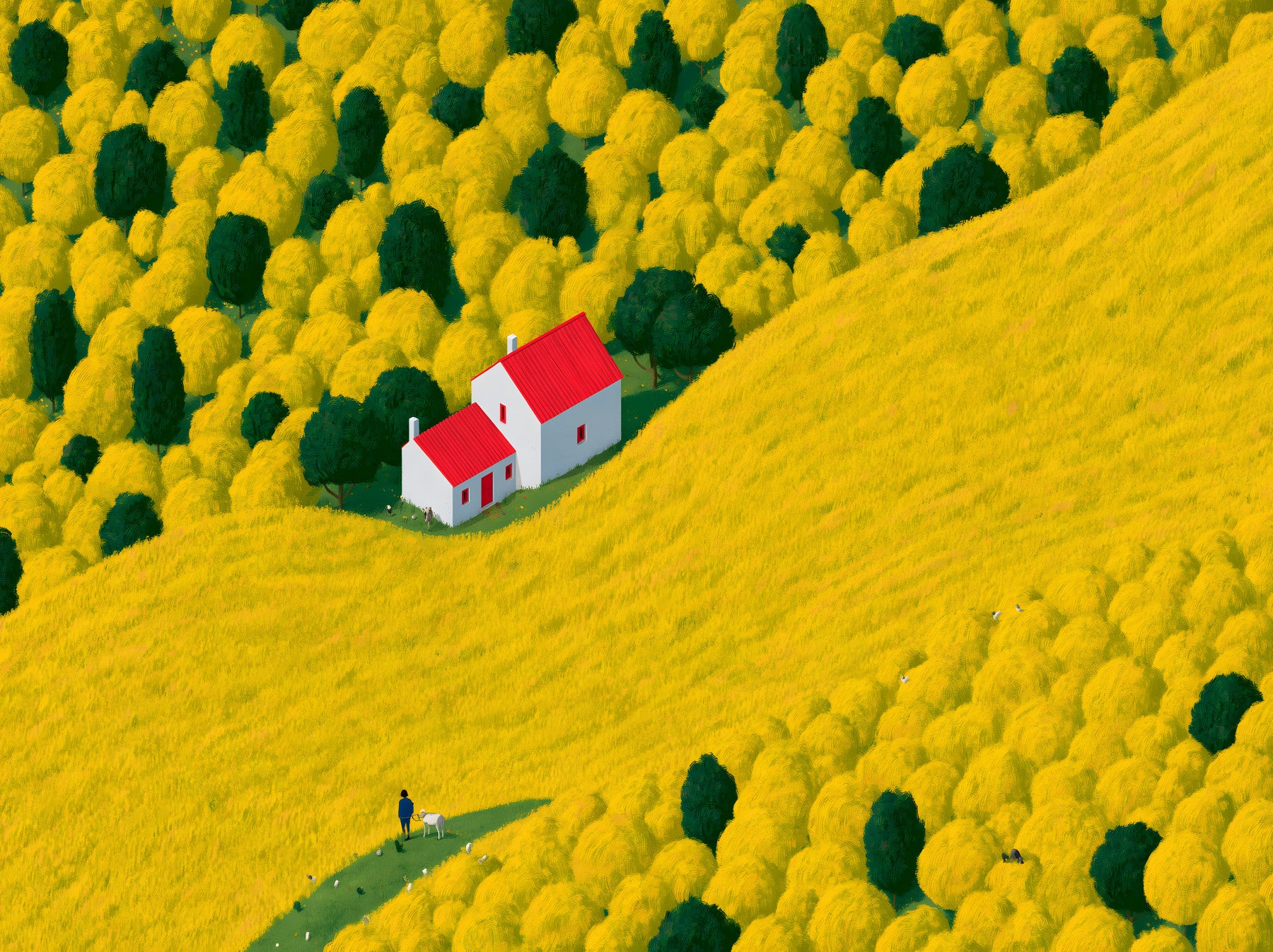 Sunlit Rural Cottage Landscape Wall Mural