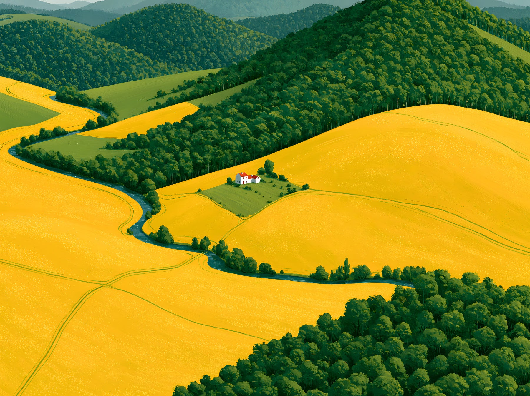 Pastoral Harmony Gold and Green Wall Mural
