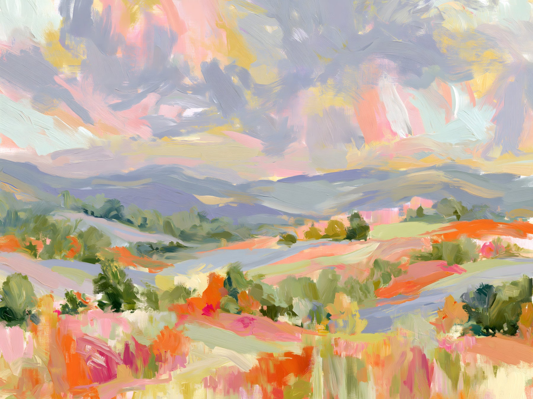 Impressionist Mountain Valley Vista Wall Mural