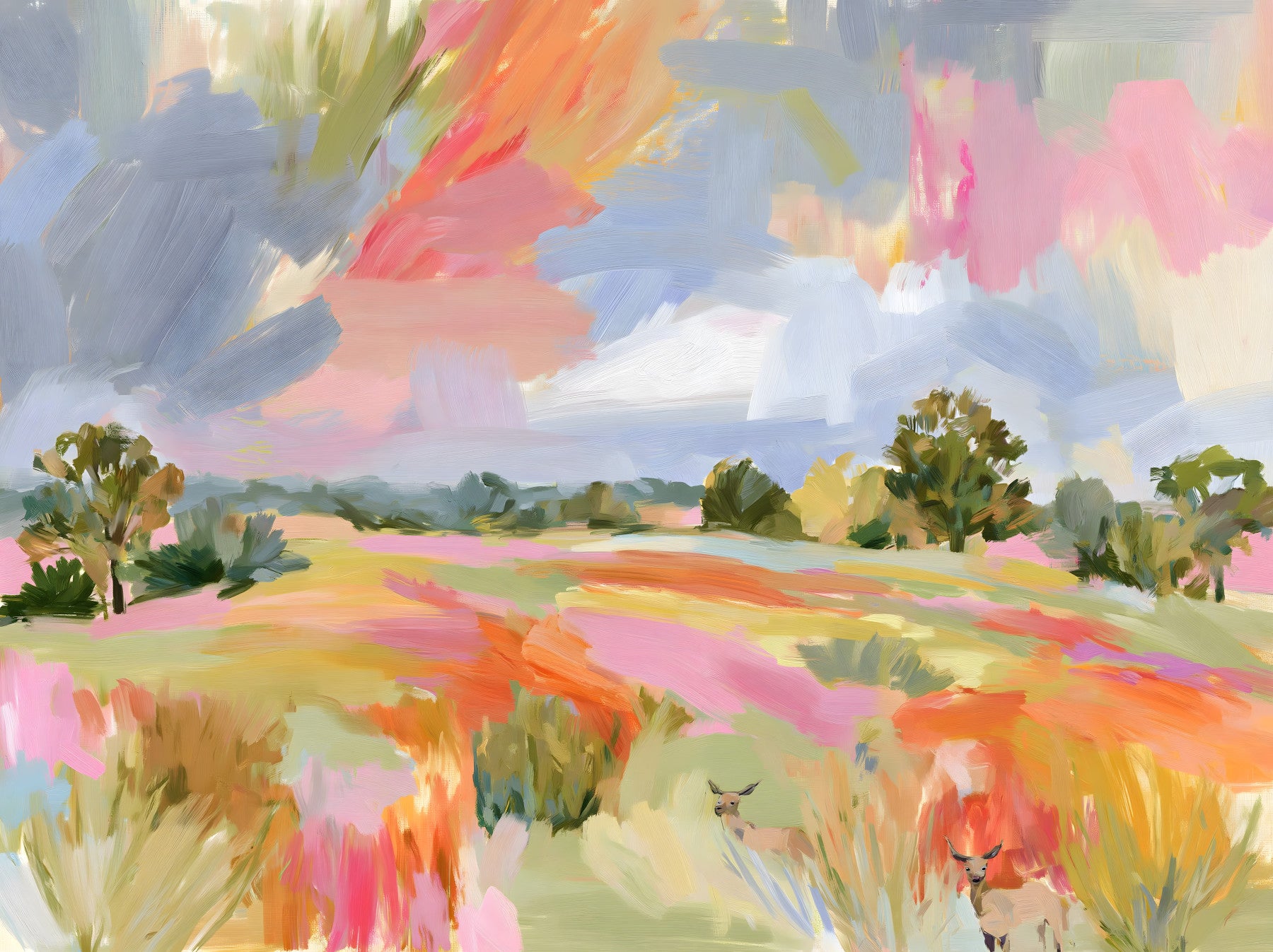 Abstract Painted Meadow with Wildlife Wall Mural