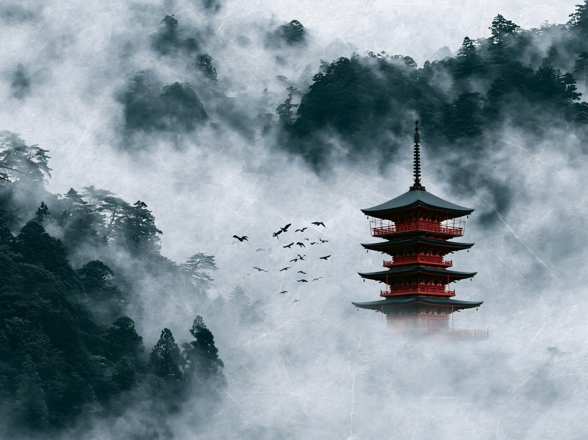 Misty Red Pagoda Mountain Sanctuary Wall Mural in your room — zoomed