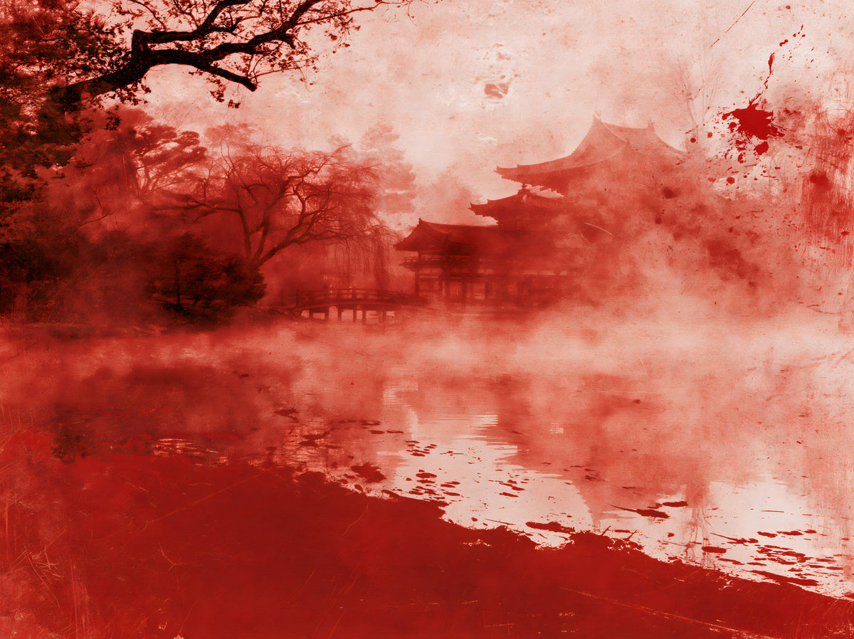 Ethereal Red Temple Waters Wall Mural in your room — zoomed