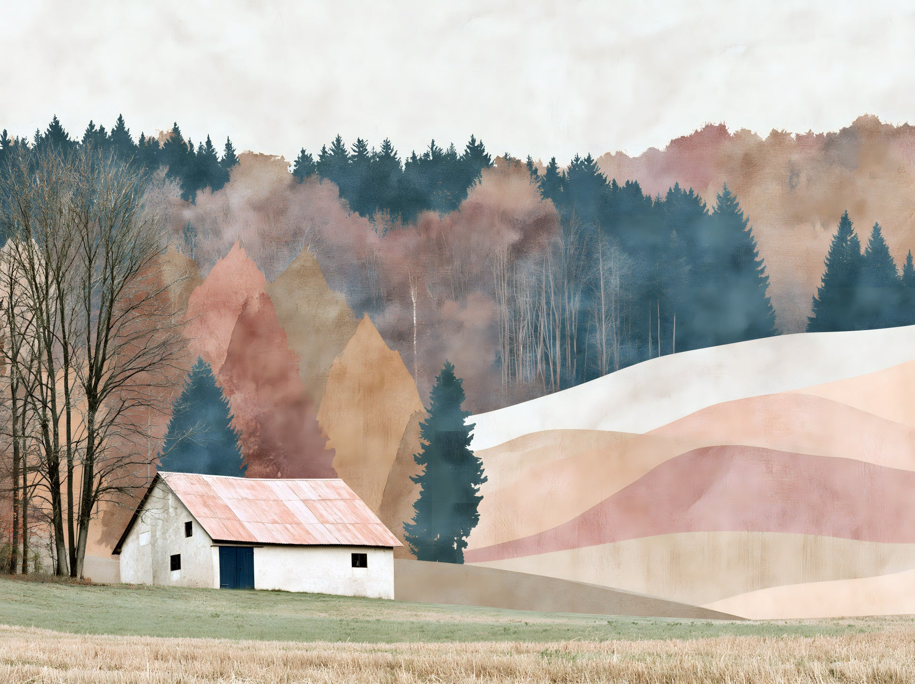 Rustic Autumn Valley Cabin Scene Wall Mural