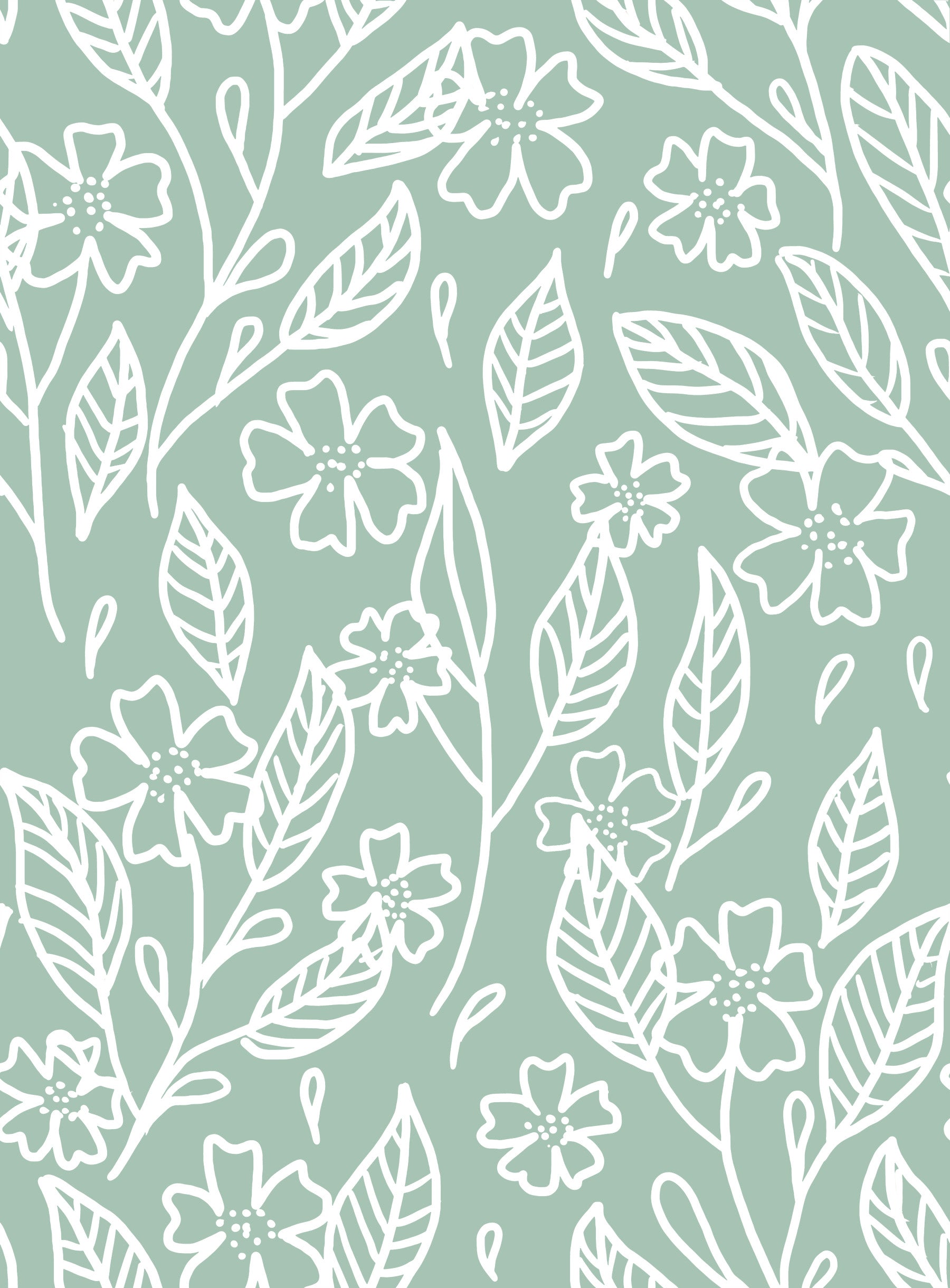 Sage Green Hand-Drawn Floral Line Art Wallpaper⁠