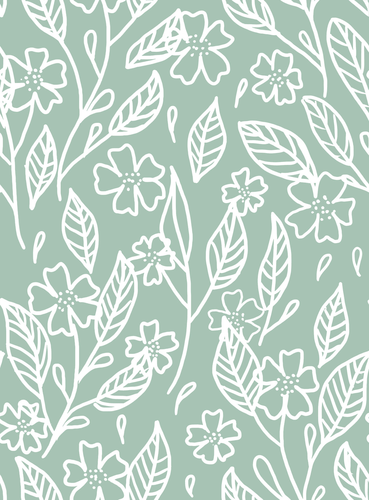 Sage Green Hand-Drawn Floral Line Art Wallpaper⁠ in your room — zoomed