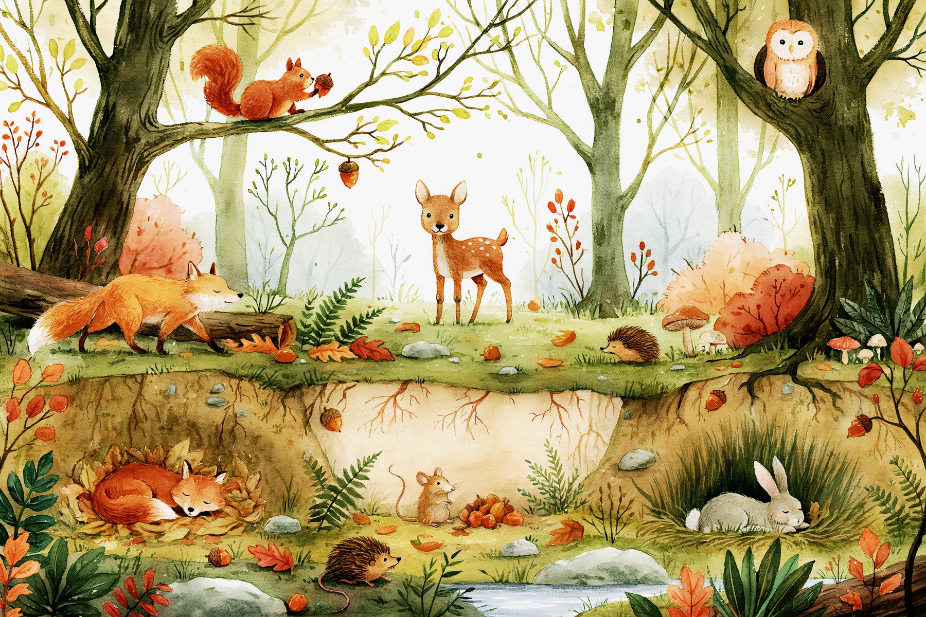 Enchanted Woodland Friends Illustration Wall Mural
