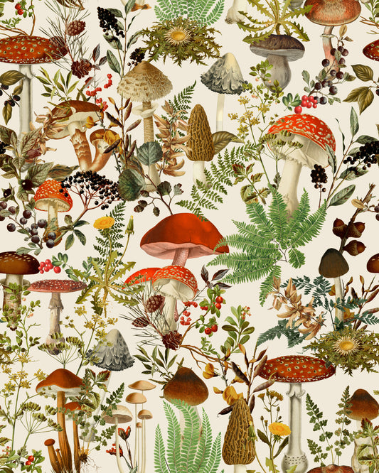 Rustic Toadstool and Woodland Meadow Flora Wallpaper⁠