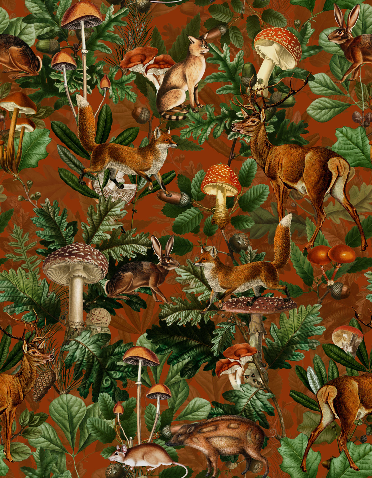 Rustic Woodland Creatures and Fungi Tapestry Wallpaper⁠