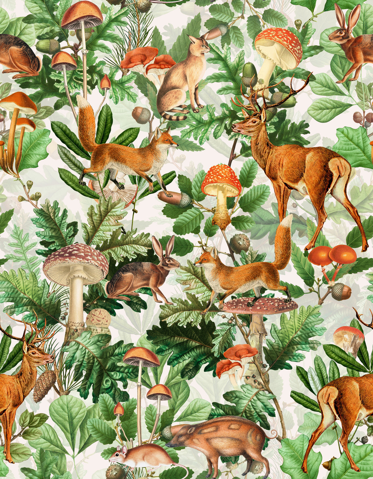Rustic Forest Creatures and Fungi Tapestry Wallpaper⁠ in your room — zoomed
