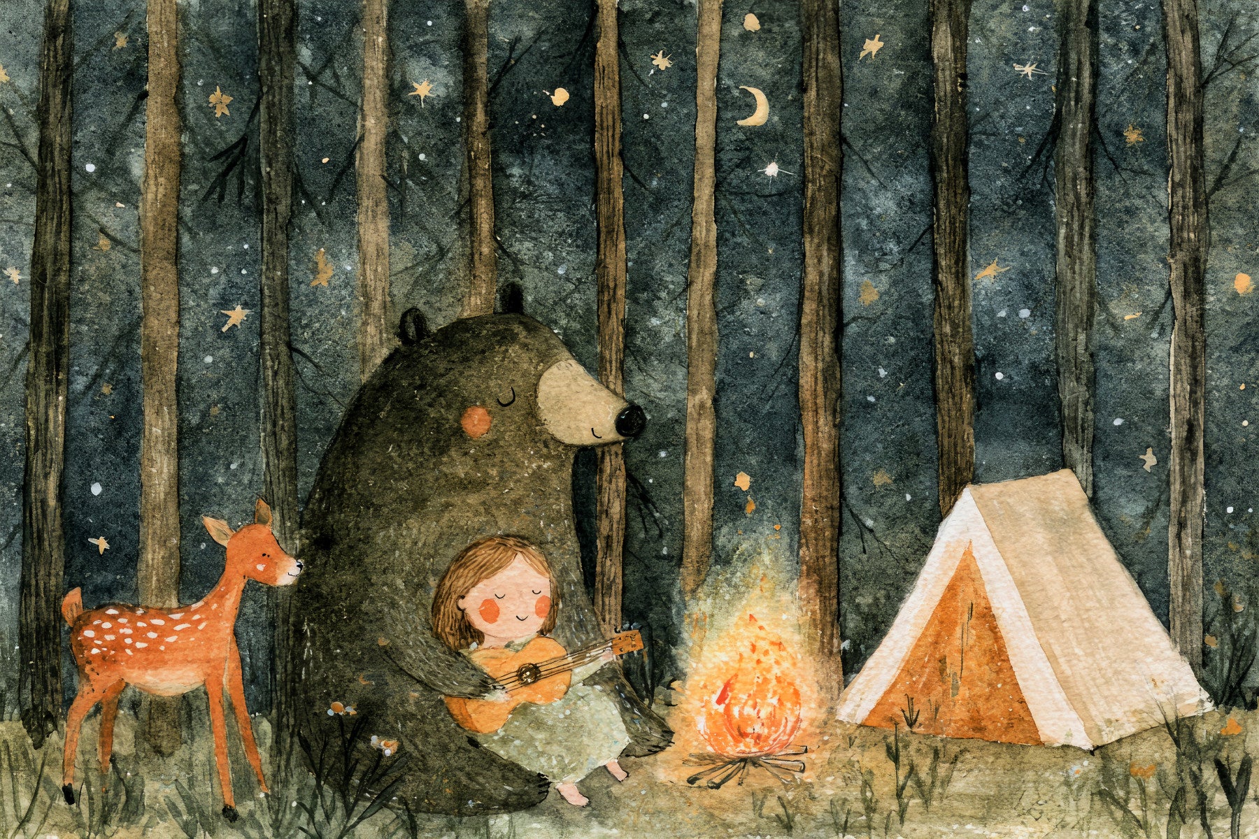 Midnight Forest Campfire Friends Wall Mural