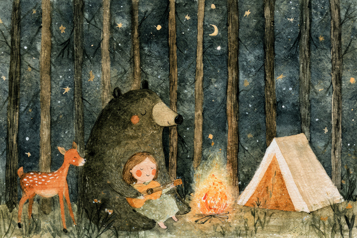 Midnight Forest Campfire Friends Wall Mural in your room — zoomed