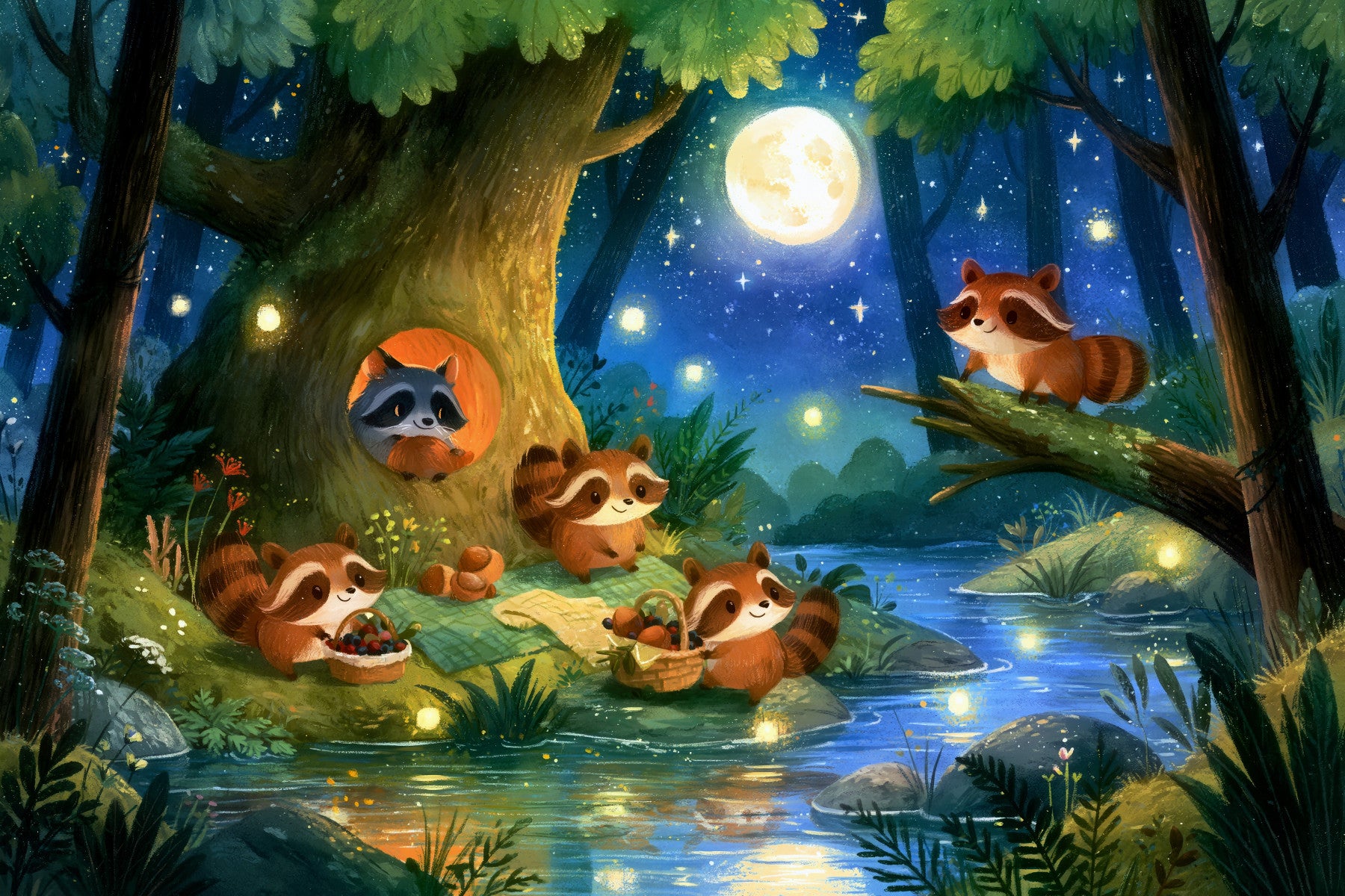 Moonlit Raccoon Forest Picnic Wall Mural