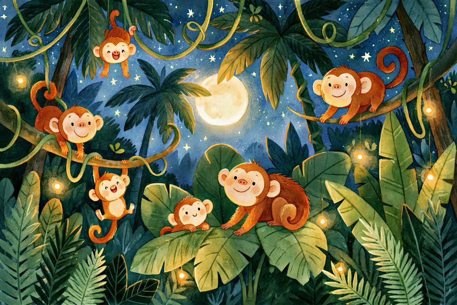 Moonlit Jungle Monkey Friends Wall Mural