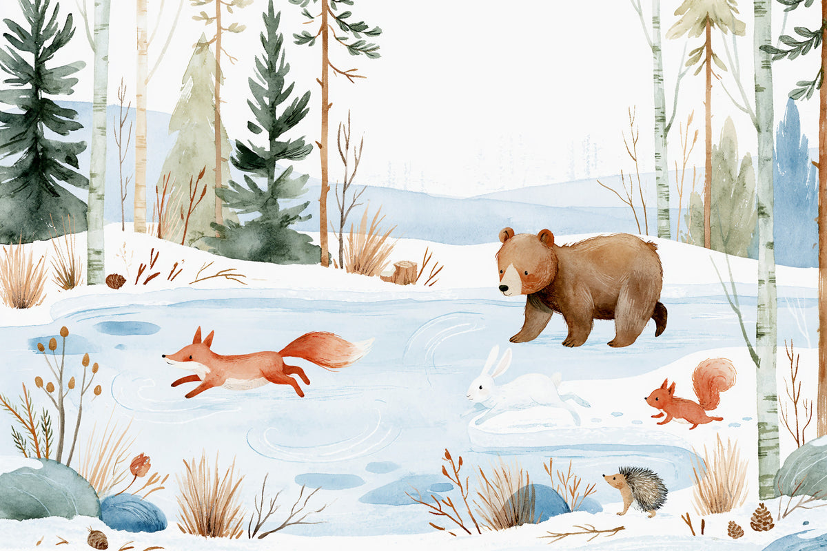 Winter Forest Friends Watercolor Scene Wall Mural in your room — zoomed