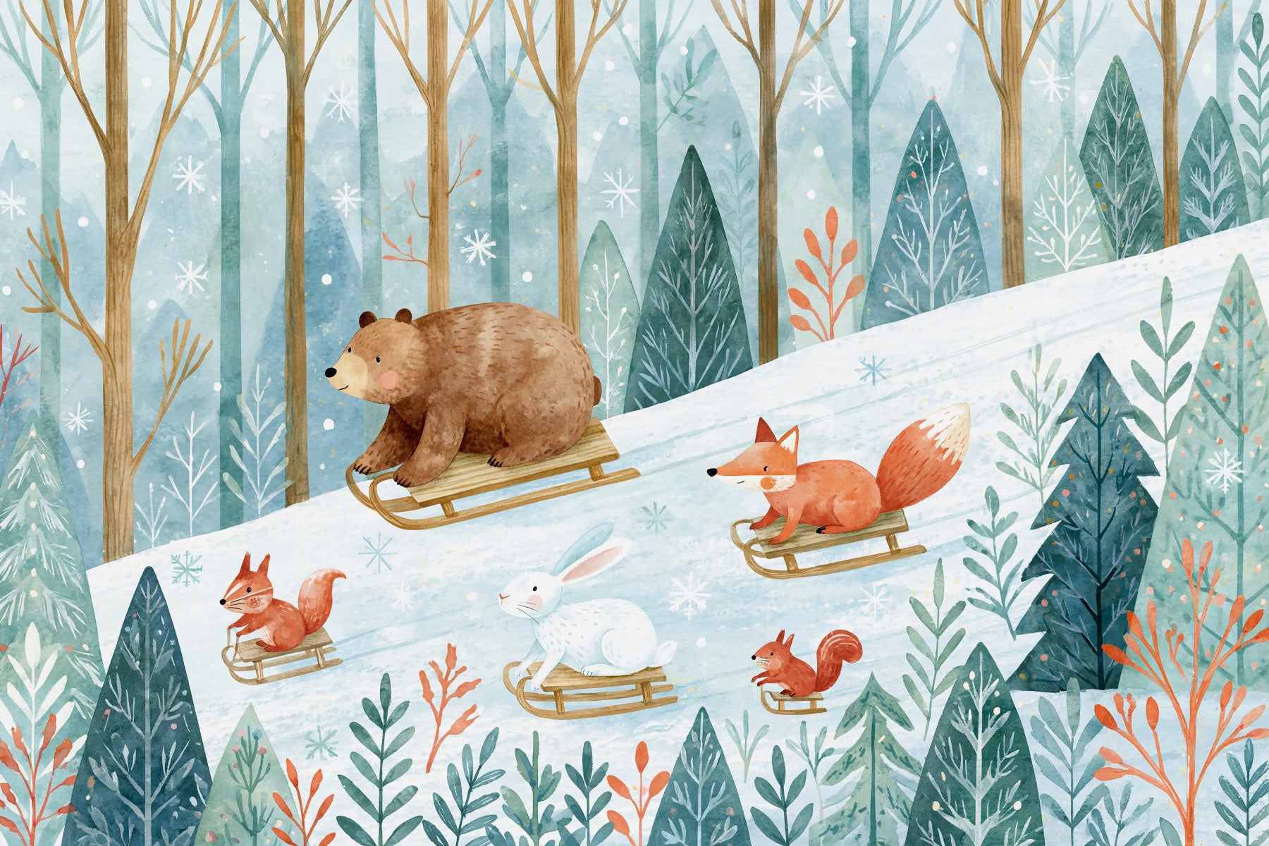 Winter Forest Friends Sledding Adventure Wall Mural in your room — zoomed