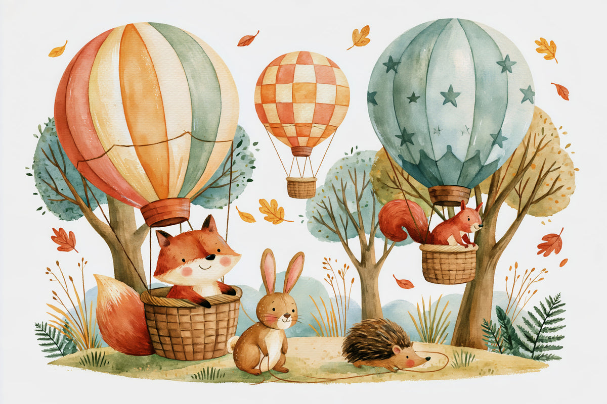Woodland Forest Friends and Hot Air Balloons Wall Mural in your room — zoomed