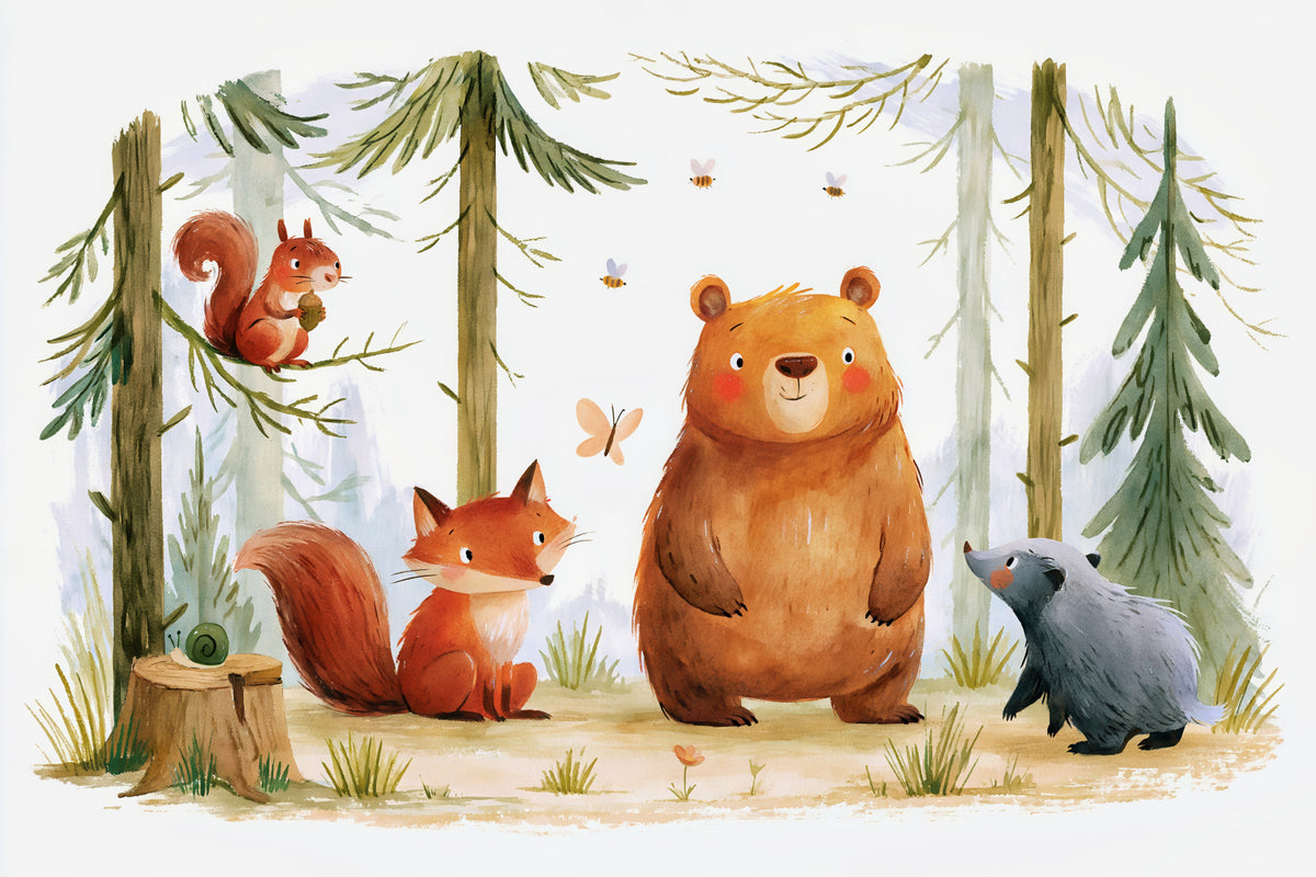 Whimsical Woodland Friends in a Autumnal Forest  Wall Mural in your room — zoomed