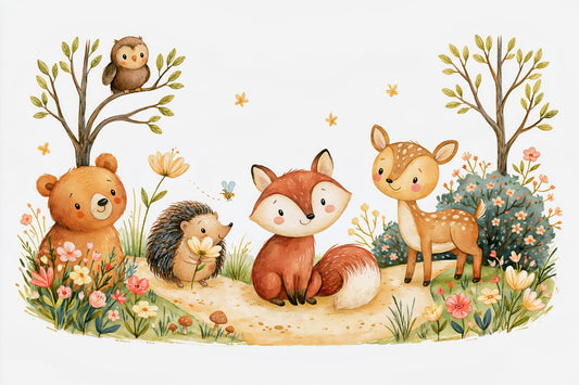 Whimsical Autumnal Forest Friends Watercolor Scene Wall Mural