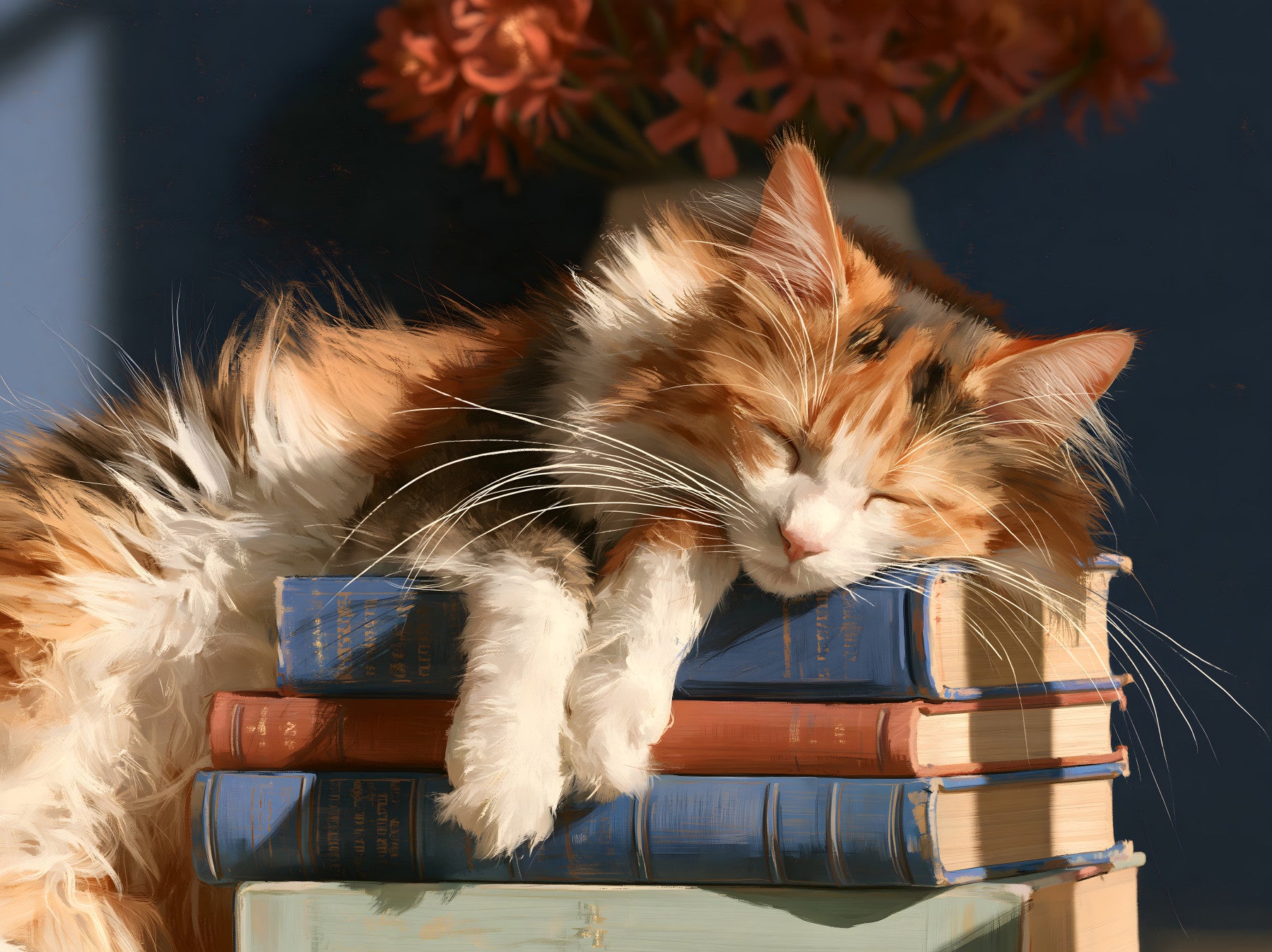 Calico Cat Sleeping on Stack of Old Books Wall Mural