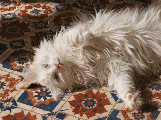 White Persian Cat on Mediterranean Tiles Wall Mural