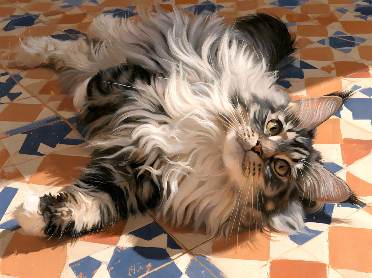 Resting Fluffy Tabby on Mediterranean Tiles Wall Mural in your room — zoomed