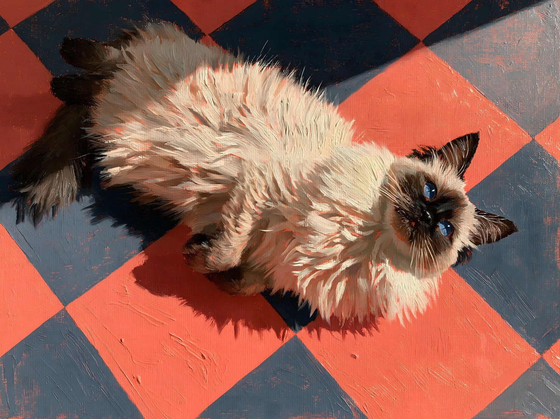 Sunlit Ragdoll on Checkered Tile Wall Mural