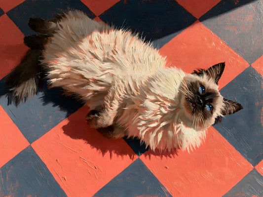 Sunlit Ragdoll on Checkered Tile Wall Mural