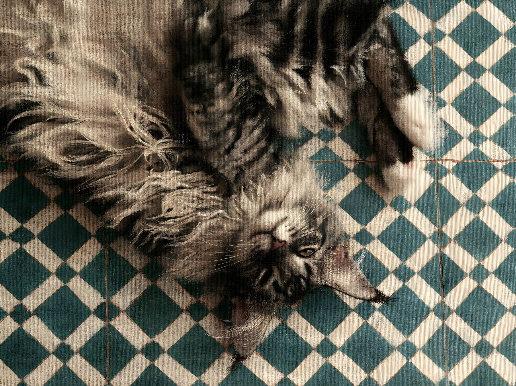 Resting Maine Coon on Geometric Tile Wall Mural