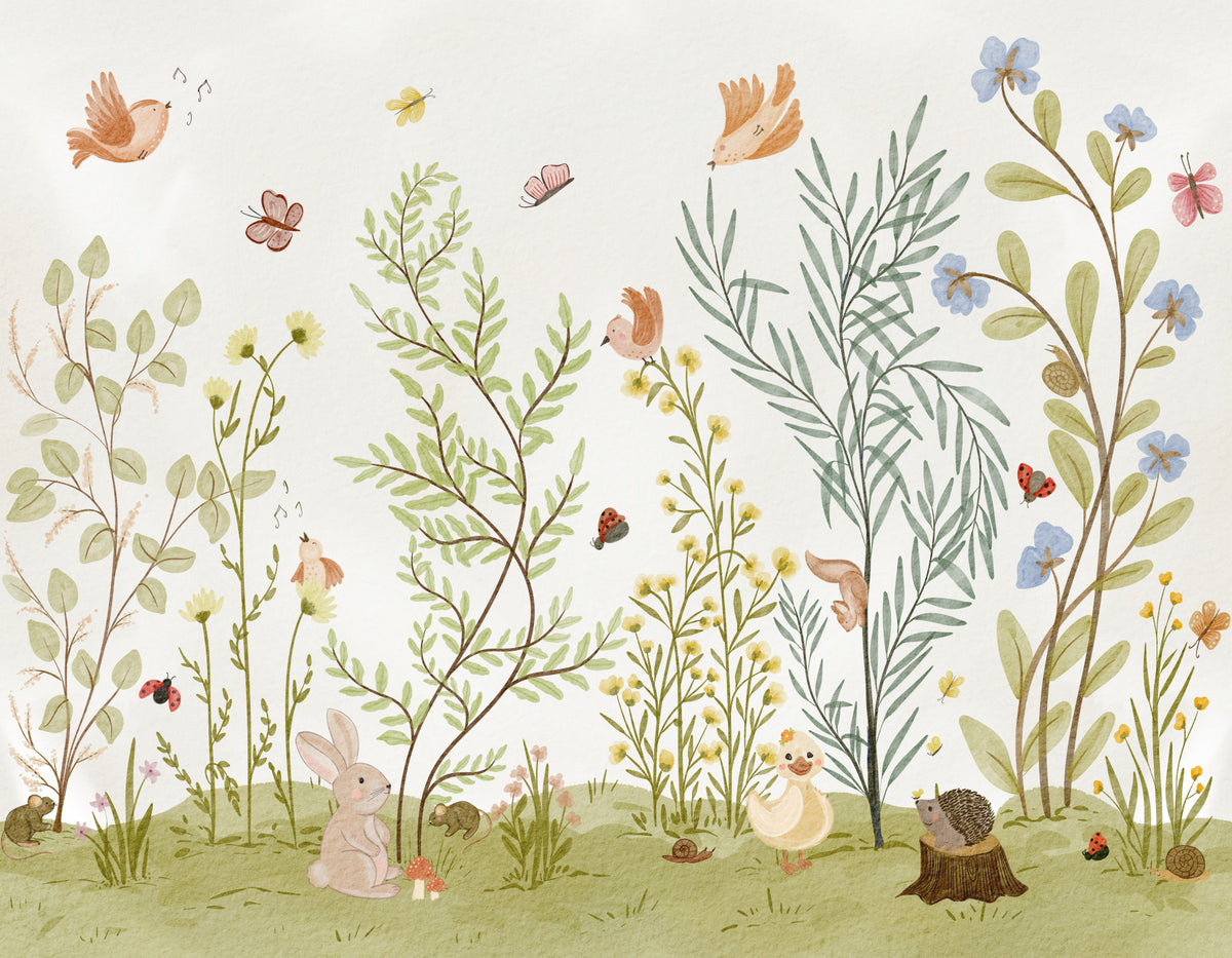 Enchanted Meadow Botanical Scene Wall Mural in your room