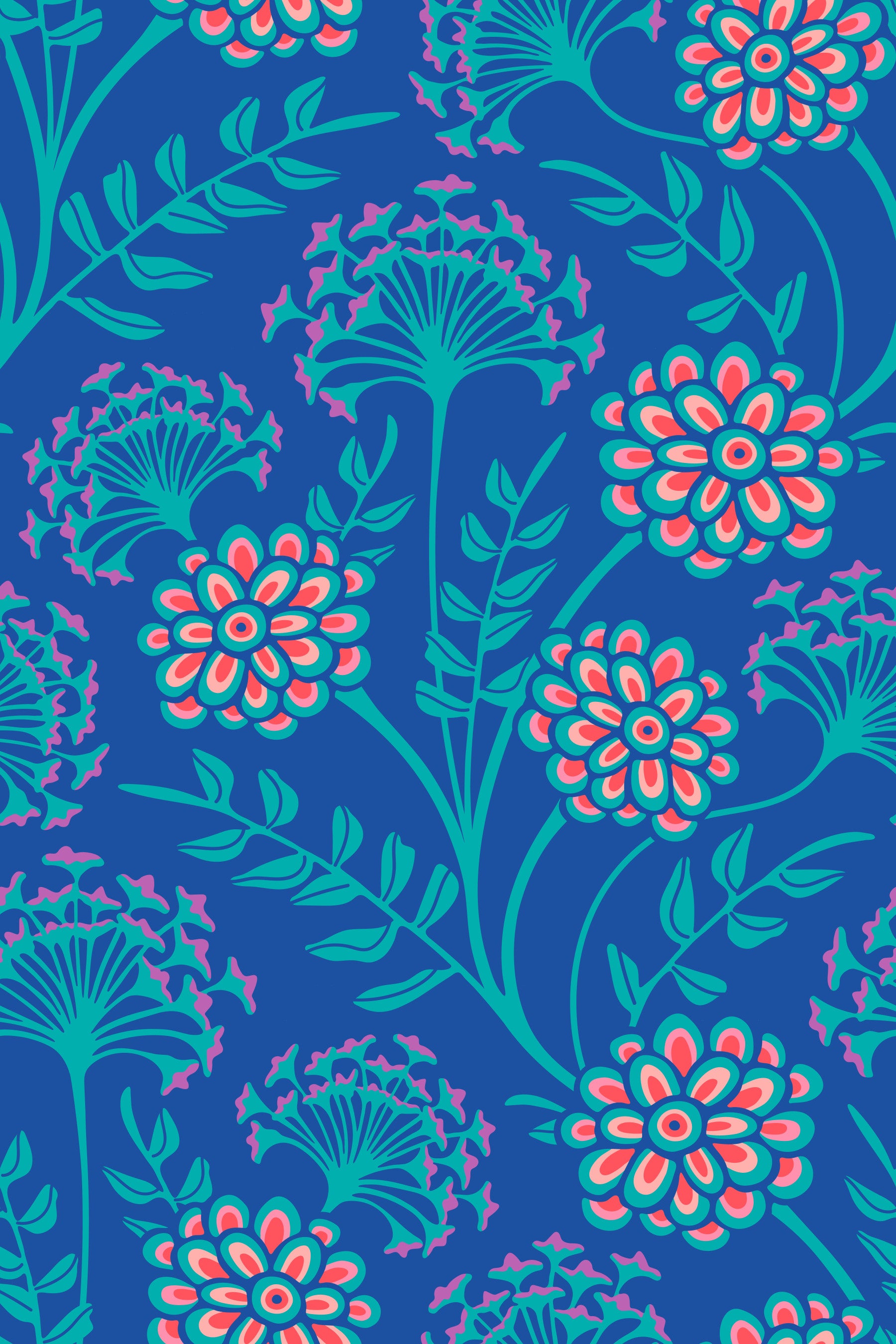 Danube Retro Vintage Floral Zinnia Cow Parsley in Turquoise Royal Blue Wallpaper⁠