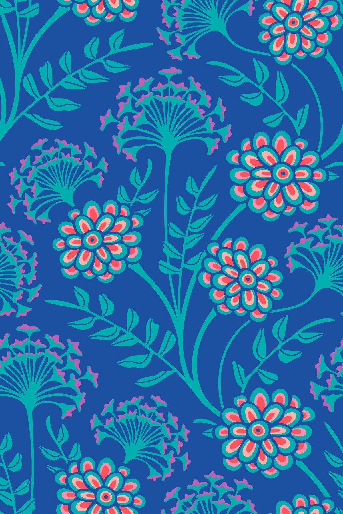 Danube Retro Vintage Floral Zinnia Cow Parsley in Turquoise Royal Blue Wallpaper⁠ in your room