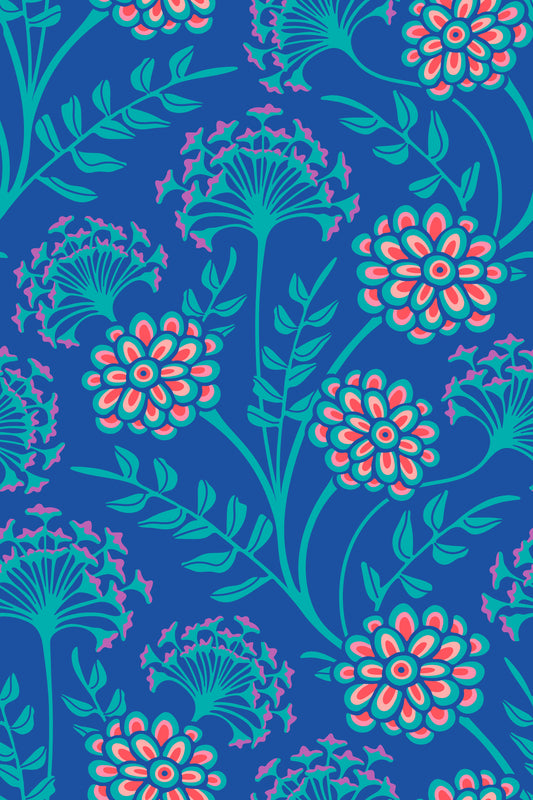 Danube Retro Vintage Floral Zinnia Cow Parsley in Turquoise Royal Blue Wallpaper⁠